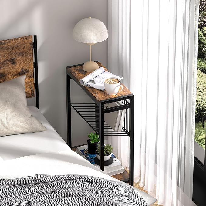 Small Side Table Set of 2 for Small Space, 3-Tier Narrow End Table with Magazine Holder, Slim Nightstand, Skinny Snack Couch Table in Living Room, Bedroom and Balcony (Rustic Brown &Black)