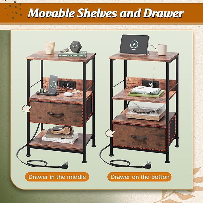 WLIVE Night Stand with Charger Station, LED Nightstand with Adjustable Fabric Drawer, 3-Tier Storage Bedside Table, Small End Side Tables for Bedroom, Rustic Brown