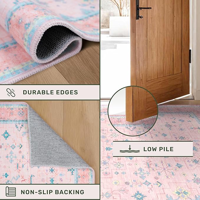 Washable Pink Nursery Rug, 3x5 Area Rugs for Entryway, Kitchen, Bedroom - Boho Modern Floral Distressed Oushak Design, Soft Faux Wool Low Pile Non Slip Stain Resistance Carpet