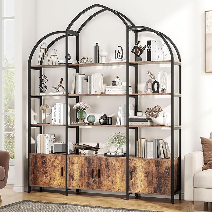 Triple Wide 5 Tier Tall Arched Bookshelf and Bookcase with 3 Cabinets, Industrial Metal Etagere Open Bookshelf, Rustic Wood Standing Book Shelf with Black Metal Frame for Bedroom Living Room