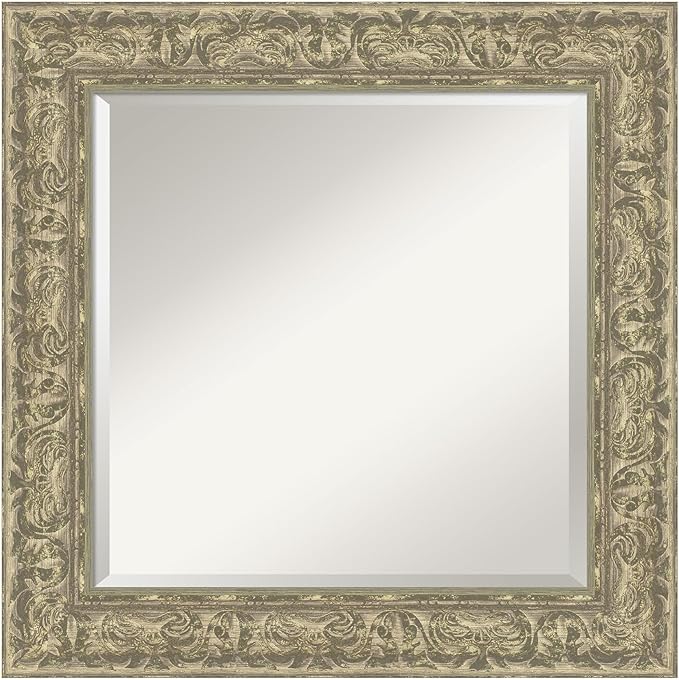 Amanti Art Silver Bathroom Mirror for Over Sink, 27x27 Luxe Antique Silver Square Vanity Mirror, Medium Traditional Frame, Hangs Horizonally and Vertically, Bathroom Wall Decor, Beveled Edge