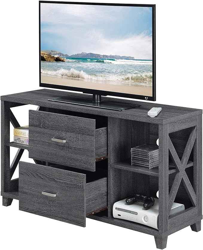 Convenience Concepts Oxford Deluxe 2 Drawer TV Stand with Shelves for TVs up to 55 Inches, Weathered Gray
