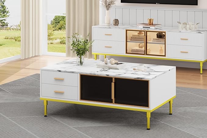 GAOMON Coffee Table for Living Room, Faux Marble Coffee Table with 4 Drawers and Glass Doors Storage, Modern Aesthetic Fluted Panel Design, White & Gold