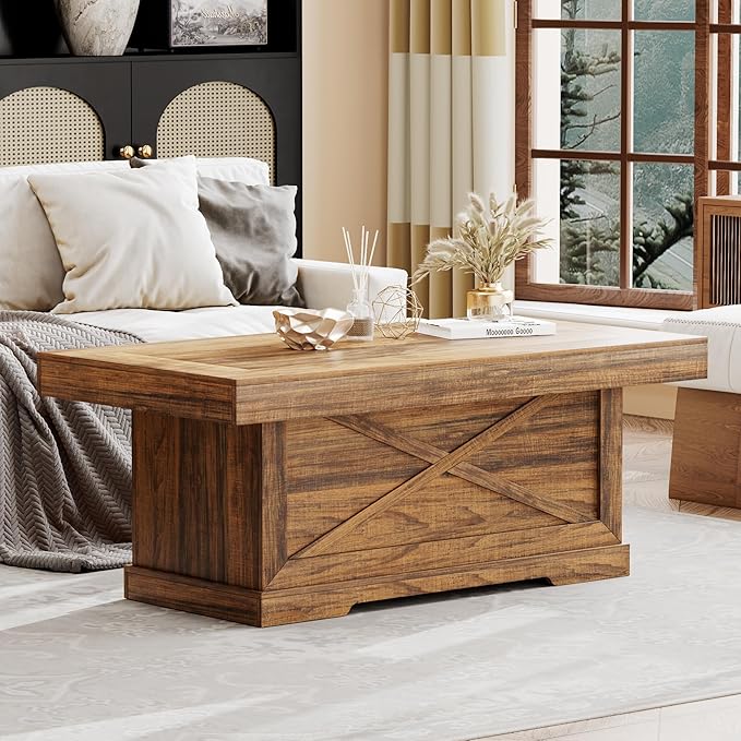 Coffee Table 39 in Rustic Center Table with X-Design Wooden Pedestal for Living Room, Space Saving, Easy Assembly Rectangle Home Office Tea Accent Table for Dining Room Apartment, Walnut