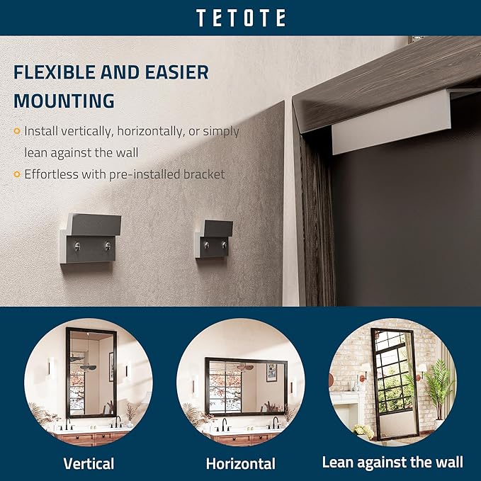 TETOTE 40 x 30 Black Wood Mirror for Bathroom Wall/Bedroom/Living Room/Entryway Farmhouse Rustic Bathroom Vanity Mirror Waterproof (Horizontal/Vertical Mounted)