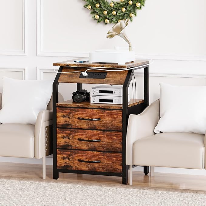End Tables Set of 2, Nightstands with Charging Station and LED Lights, 3 Drawers Fabric Dresser, Storage Side Tables for Bedside, Living Room, Rustic Brown