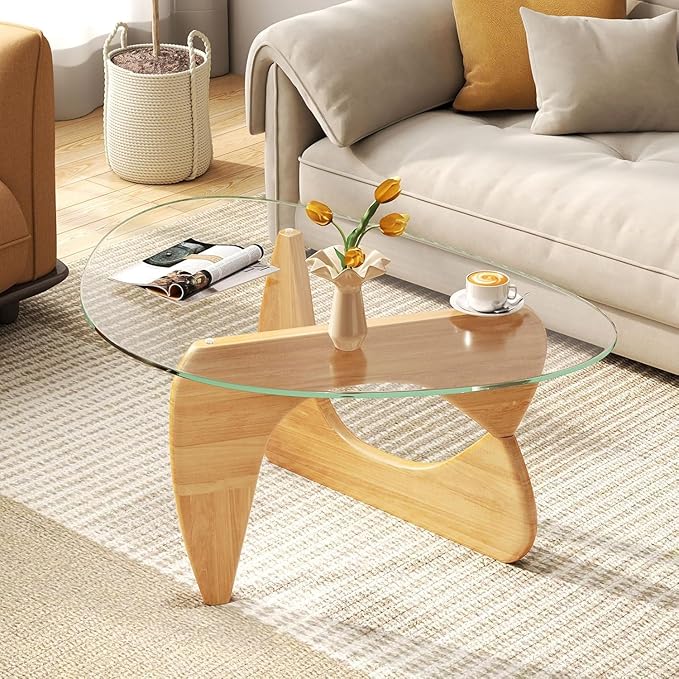 Mid Century Modern Glass Coffee Table, Small Coffee Table for Living Room, Elegant and Functional Coffee Tables, Suitable for Bedroom Living Room Reception Office Tables（Wood/Transparent，Small）