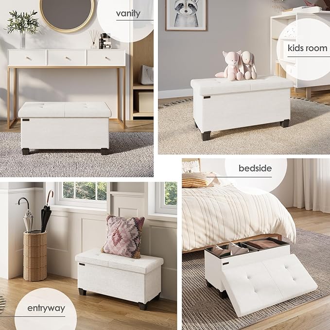 STORAGEBUD Storage Ottoman Bench with Bins, 30-in Storage Bench for Bedroom End of Bed, Folding Foot Rest Ottoman for Living Room Max 660lbs, Fabric Ottomans, Beige