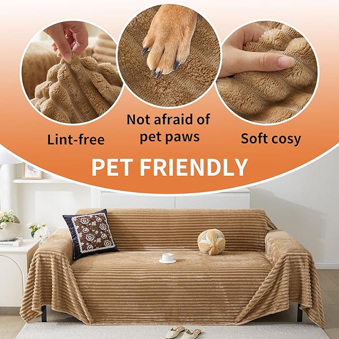HAOMAIJIA Faux Fur Sofa Covers Couch Covers for 3 Cushion Couch Sofa Pet Friendly Soft Non Slip Couch Cover for Dogs Washable Sectional Couch Covers L Shape Furniture Protector (Khaki, 91"x150")