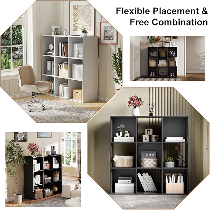 Sweetcrispy 9 Cube Storage Organizer - Open Cube Bookshelf with 5 Removable Back Panels, Display Storage Bookcase for Living Room, Bedroom, Entrance Hall, Home Office，36" L×11.6" W×36" H, Black