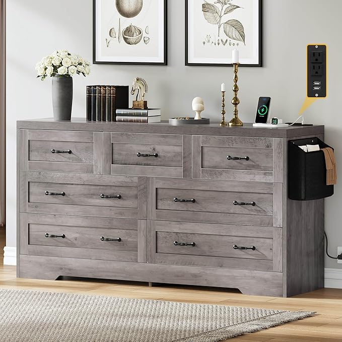 YITAHOME Grey Drawers TV Stand for 65 inches with Power Outlets -Chest of Drawers Dresser with Side Organizer Bag Entertainment Center TV Console
