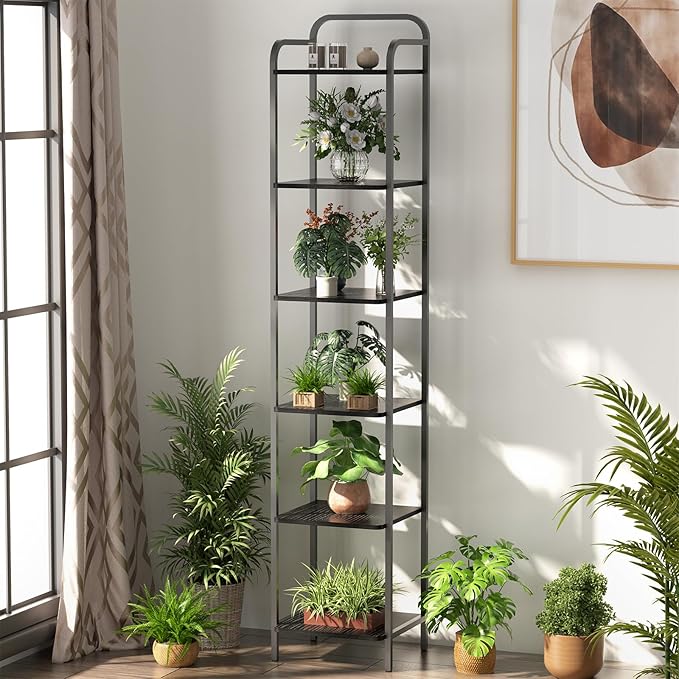 Book Shelf, 6 Tier Bookshelf, Bookcase with 6 Shelves, Storage Rack Organizer, Corner Wood Storage Shelf with Metal Frame for Bedroom, Living Room, Black