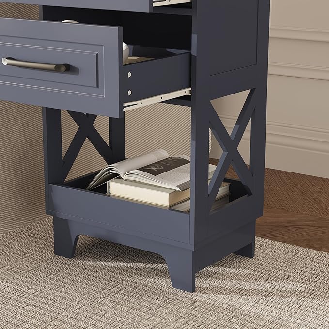 Tall Nightstand Set of 2 Side Table with 2 Drawers Modern Night Stand Wooden Rustic End Table Bedside Table with Below Open Shelf Solid Feet for Bedroom, Living Room, Navy Blue+Walnut