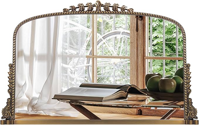 Vintage Baroque Arched Mirror - Traditional Ornate Antique Brass Wood Frame - 36"X23" - Ideal for Entryway, Fireplace, Living Room, Hallway, Bathroom