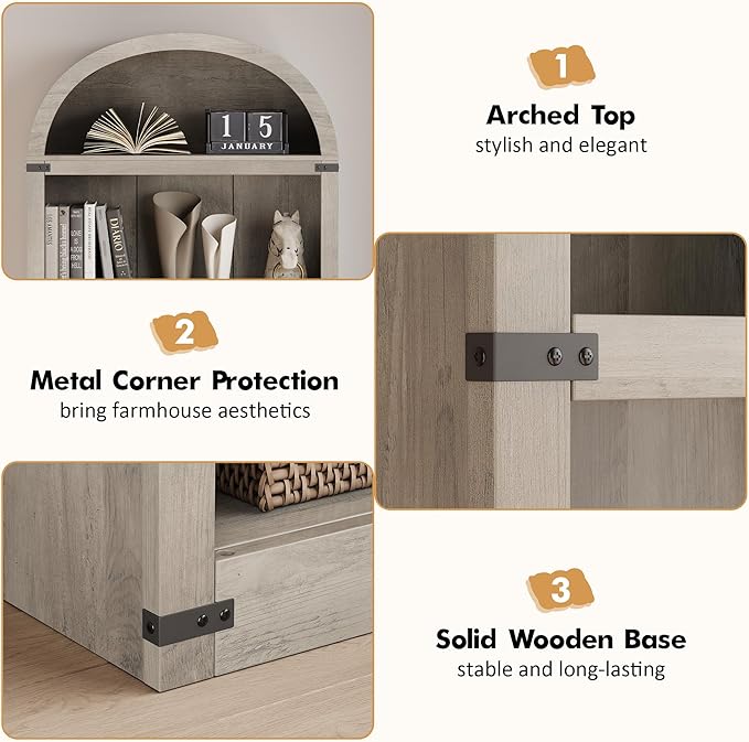 GarveeHome Bookcase 5 Shelf Arched Bookshelf 71.65in Tall Bookcase Farmhouse Display Storage Rack Wooden Bookshelves for Home Office, Living Room (Rustic Gray)