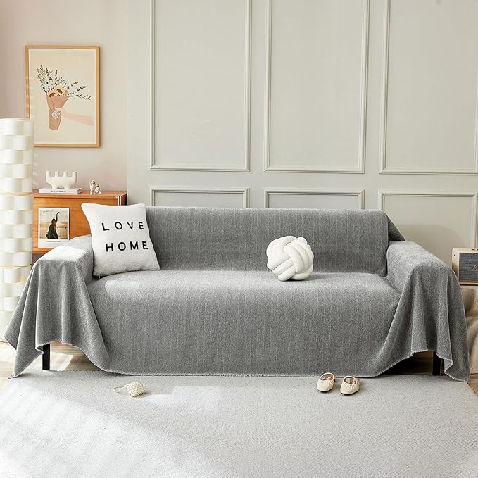 STACYPIK Jacquard Non Slip Sofa Cover for Dogs, Washable Dark Gray Couch Cover for Pets, Chenille Couch Covers for Sectional, Tassels Furniture Protector for 2 Cushion Sofa Throw Blankets-71X118IN