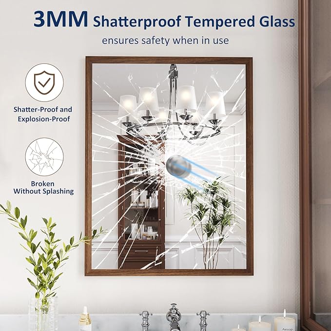 WEER Walnut Bathroom Mirror, Walnut Framed Mirror 22X30 Inch, Rectangle Wall Mounted Bathroom Vanity Mirror with Tempered Glass, Hangs Vertically or Horizontally, Anti-Rust