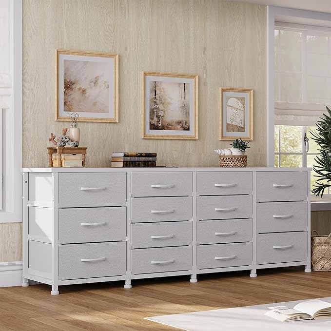 63 Inch TV Stand Dresser for Bedroom, Long White Dresser with 14 Fabric Drawers for 65 70 75 Inch TV, Entertainment Center with Storage Media TV Console Table