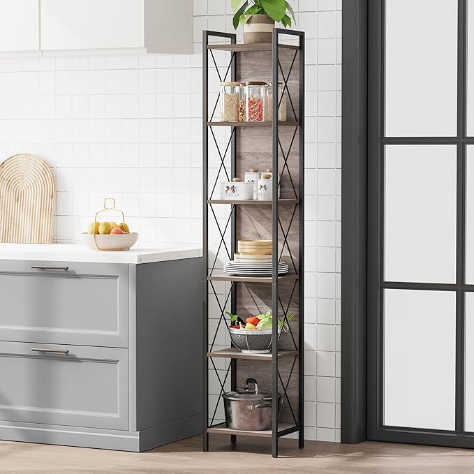 Homhedy 6 Tier Bookshelf Bookcase, Tall Narrow Bookshelf for Small Space, Metal Storage Shelves with Back Panel, for Home Office, Living Room, Kitchen, Bedroom, Industrial Style, Greige