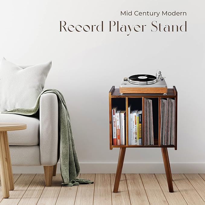 Wooden LP Record Player Stand with 4 Cabinets, Holds up to 100 Vinyls, Metal Record Storage Holder and Organizer Table, Classical Design for Files/Book (Mid-Century Modern)