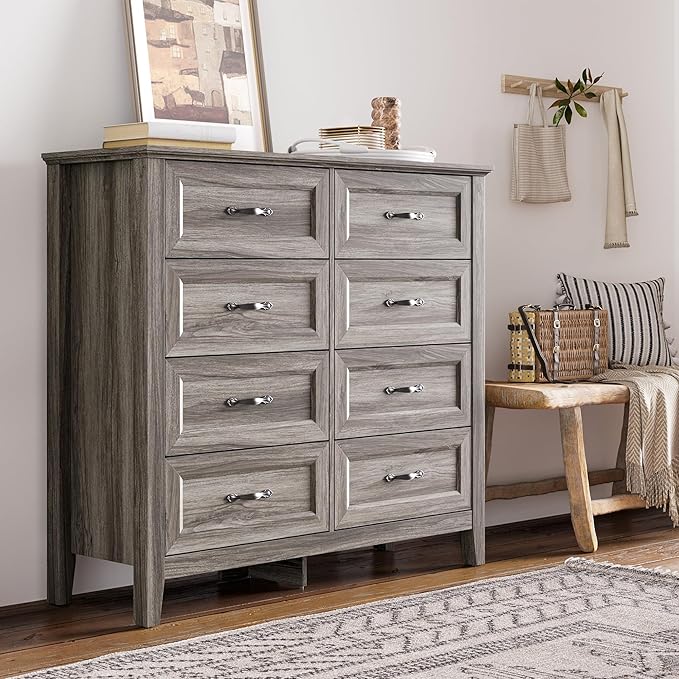 LINSY HOME 8 Drawers Dresser for Bedroom, 47" Wide Wooden Storage Chest with Antique Handles, Modern Farmhouse Dresser TV Stand with Wood Legs for Closet, Living Room, Hallway, Grey