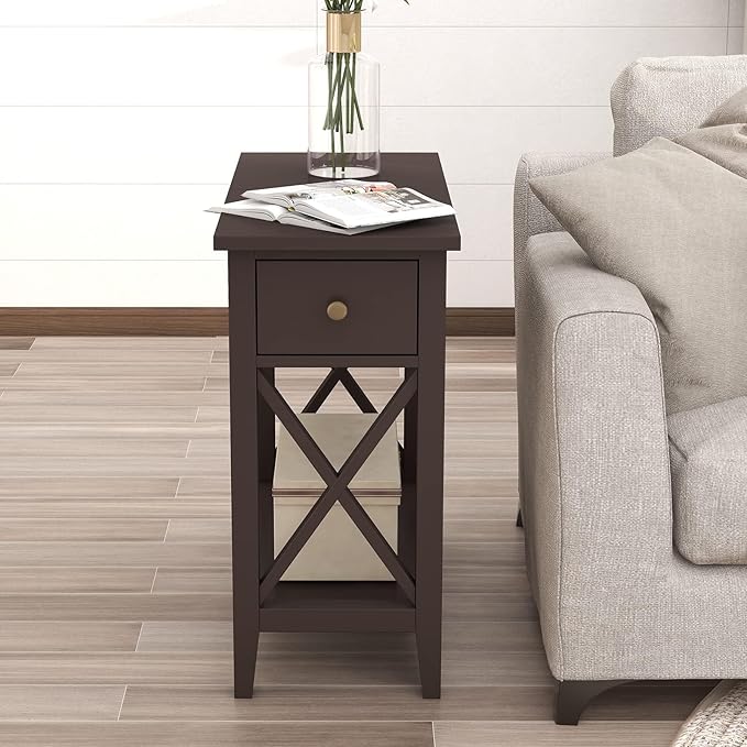 ChooChoo End Table Set of 2, Flip Top Narrow End Table with Drawer, Accent Small Side Table Nightstand for Living Room, Bedroom, and Small Spaces, Espresso