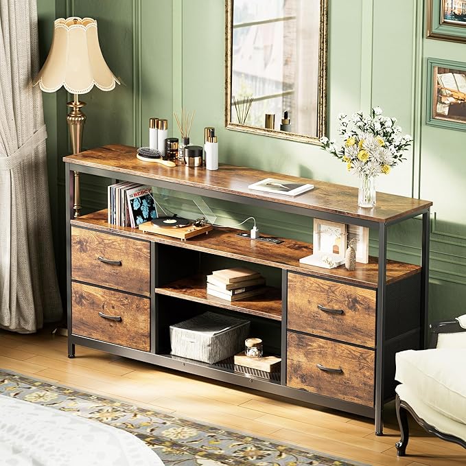 Huuger TV Stand Dresser with Power Outlets and LED Lights, 4 Drawers Entertainment Center with Shelves, 54 Inch Media Console for 55 60 Inch TV, 4 AC Outlets, 2 USBs, Rustic Brown