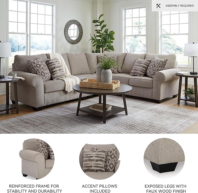 Signature Design by Ashley Claireah Casual L-Shaped 3-Piece Sectional with Loose Seat Cushions and 5 Accent Pillows, Beige