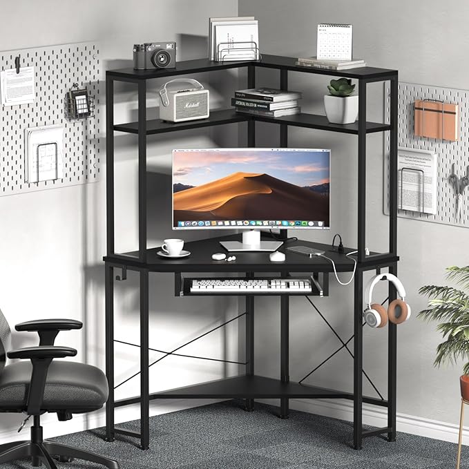 Corner Desk with Hutch and LED Lights, Corner Computer Desk with Keyboard Tray and Monitor Stand, Small Computer Desk for Small Spaces, Home Office