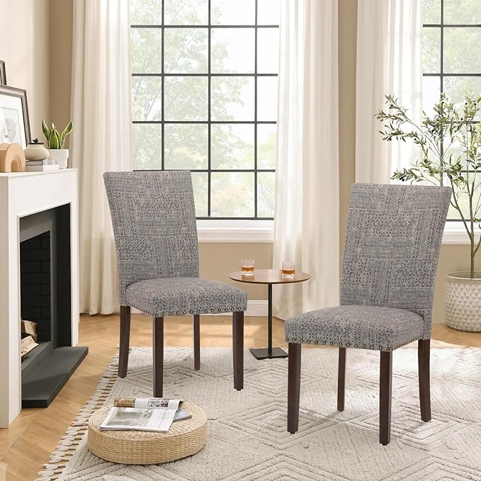 Parsons Dining Chairs Set of 4, Upholstered Nailhead Dining Room Kitchen Side Chair with Thick Cushions and Wood Legs, Black/White