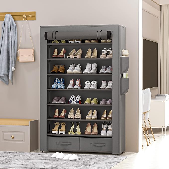 Shoe Rack Storage Cabinet 32 Pairs Organizer Shelf Tall for Shoes Large Free Standing Racks Vertical Shoe Holder Stand with Cover Two Boxes Closet