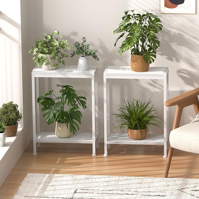 Narrow Side Table for Small Space Set of 2, 2-Tier Small End Table with Shelf Holder, Slim Nightstand, Skinny Snack Couch Table in Living Room, Bedroom, Study, Kitchen and Balcony（White