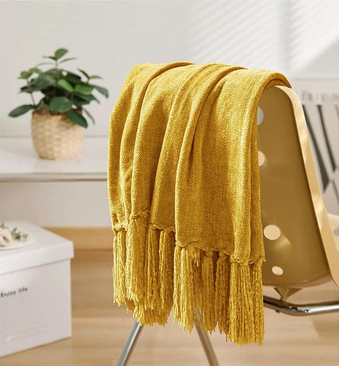 Chenille Throw Blanket for Couch 60"X 80" Twin, Soft Cozy Throws with Fringe Tassel for Bed Sofa Chair Cover, Lightweight Knitted Decorative Boho Blankets for Living Room, Yellow