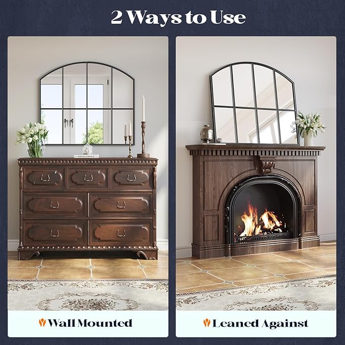 Window Pane Black Mirror, 36" x 24" Farmhouse Arched Window Mirror, Large Grid Mirror for Living Room Bedroom Fireplace Hallway Entryway