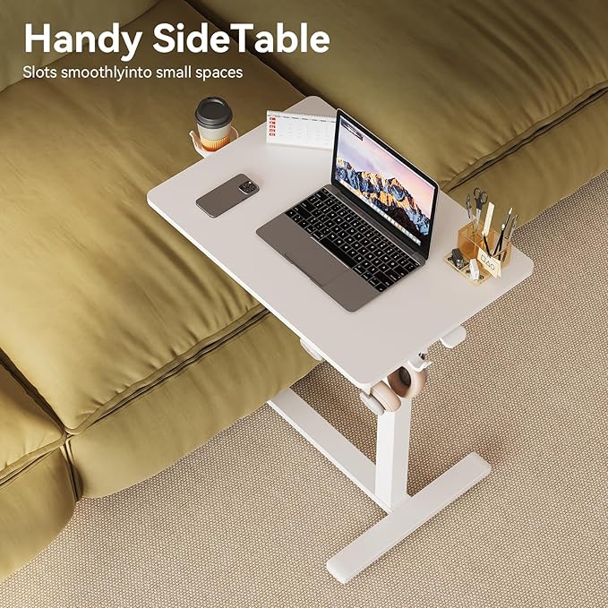 Gas Spring Adjustable Height Rolling Portable Laptop Desk, Mobile Standing Desk on Wheels, Small Sit Stand Desk with Laptop Stand/Cup Holder/Hook (White, 26"x19")