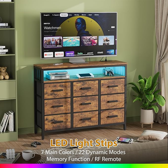 9 Drawer Dresser TV Stand up to for 50” TV with LED Lights & Power Outlets, Entertainment Center with Open Shelf, Media Console, Large Storage Dresser for Bedroom (Rustic Brown)