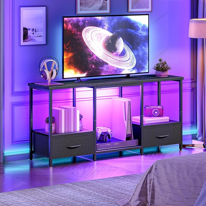 HOOBRO LED TV Stand with Storage, LED Entertainment Center with Open Shelves and Drawer, Fits TVs up to 55", Television Stand for Living Room, Bedroom, Black BB123DDS01