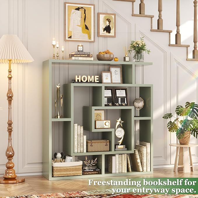 Armocity 6 Tier Display Book Shelf Wall Mounted Bookshelf Freestanding Geometric Bookcase Floating Book Shelves for Wall Bedroom Living Room Home Office, 45.5"(W) * 47"(H), Crab Green