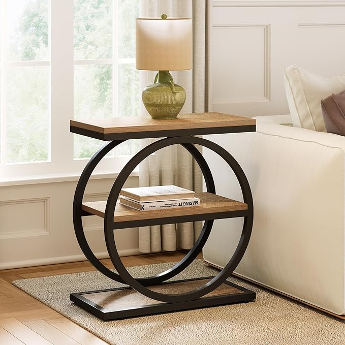 LITTLE TREE End Table Set 2, Side Table with 3-Tier Storage Shelves, Small Sofa Side Table for Living Room, Wooden Side End Table with Double Round Metal Legs, Slim Nightstand and Bedside Table, Oak