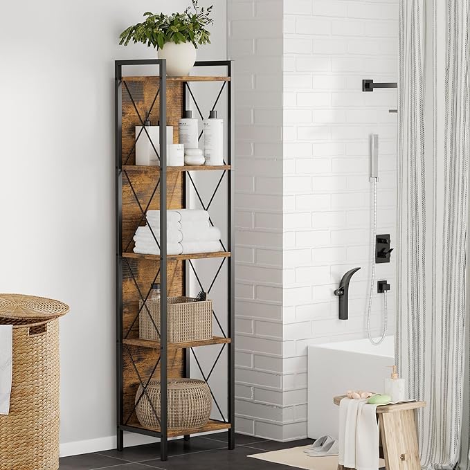 Homhedy 5 Tier Bookshelf Bookcase, Tall Narrow Bookshelf for Small Space, Metal Storage Shelves with Back Panel, for Home Office, Living Room, Kitchen, Bedroom, Industrial Style, Rustic Brown