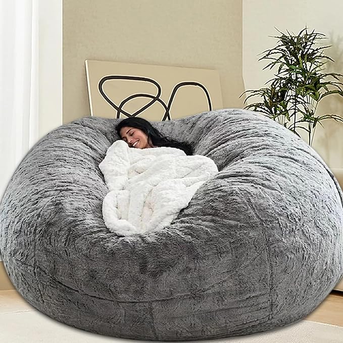 Bean Bag Chair for Adults Kids Without Filling Comfy Fluffy Giant Round Beanbag Lazy Sofa Cover for Reading Chair Floor Chair, 7FT, Grey