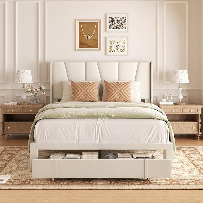 Queen Bed Frame with Storage Drawers, Upholstered Platform Bed with Headboard and Wingboard, No Box Spring Needed, Noise Free, Easy Assembly, Wooden Support Slats, Beige