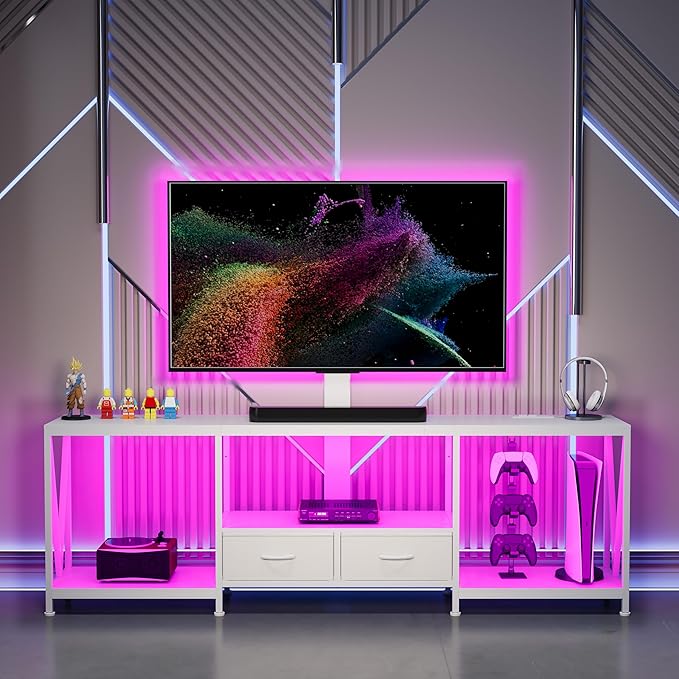63" W TV Stand with Mount for 55,65,75" TV,Entertainment Center with Power Outlet and Led Lights,Height Adjustable TV Console Table with Open Storage Shelves and Fabric Drawers (White, 63" W)