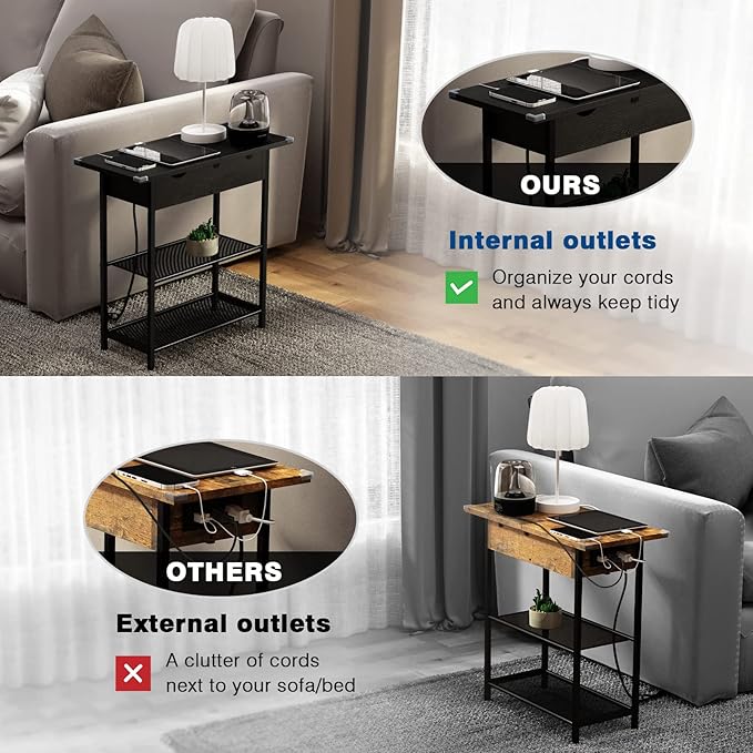 SAUCE ZHAN Sofa Side Table with 20W USB C Fast Charging Ports and Outlets, Bedside Nightstand with Charging Station, Narrow End Table with Storage Shelf for Small Spaces, Living Room, Bedroom Black