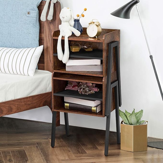VECELO Nightstand Industrial Side End Table/Stackable Accent Furniture with 2-Tier Open Storage Compartments for Bedroom,and Small Spaces