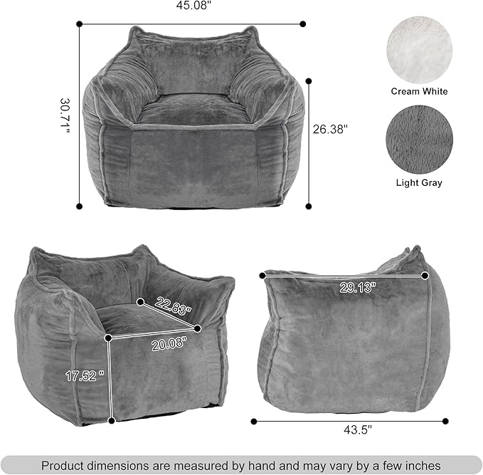 Giant Bean Bag Chair for Adults, Large Bean Bag Chair with Armrest, Living Room Fluffy Beanbag Couch with Filler Included, Comfy Washable Lazy Sofa Chair for Bedroom, Gray