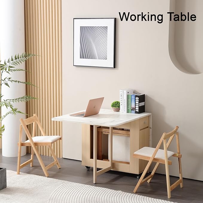 Drop Leaf Table Extendable, Foldable Kitchen Table Space Saving, Folding Dining Table with 2 Drawers and 4 Wheels, Dining Table for Living Room, Farmhouse， RV(Marble Wood)