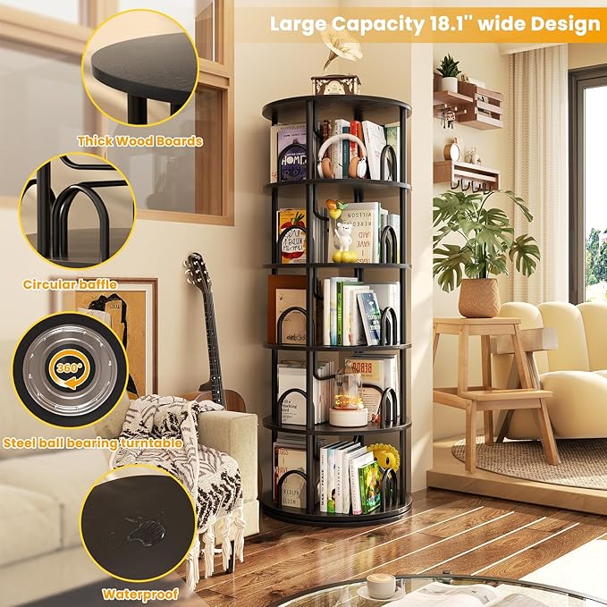 Aheaplus 5 Tier Rotating Bookshelf Tower, 360 Display Spinning Bookcase, Revolving Round Book Shelf Narrow Swivel Bookshelf, Vertical Turning Spiral Corner Book Organizer for Small Space, Black
