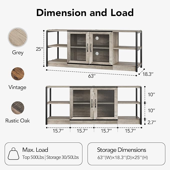 GarveeHome Farmhouse TV Stand for 65/75 Inch TVs, Entertainment Center with Storage Cabinet, 63'' Rustic TV Media Console Table, Furniture for Living Room, Grey