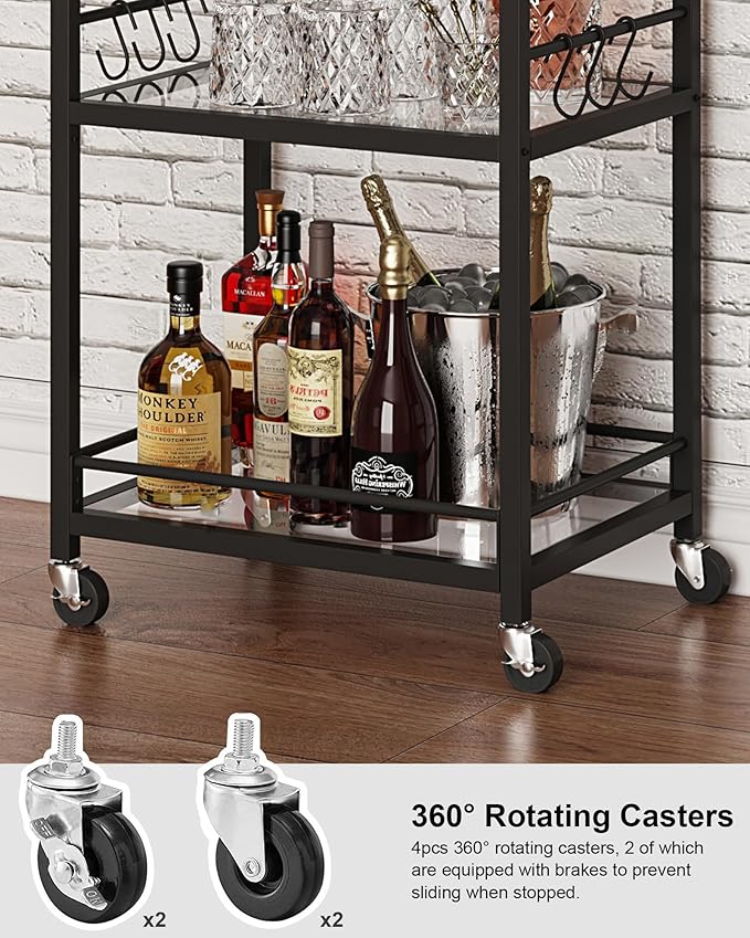TUTOTAK Bar Cart, Home Bar Serving Cart with 3-Tier Mirrored Shelf, Mobile Kitchen Shelf, Rolling Beverage Cart, Black BC01BK034